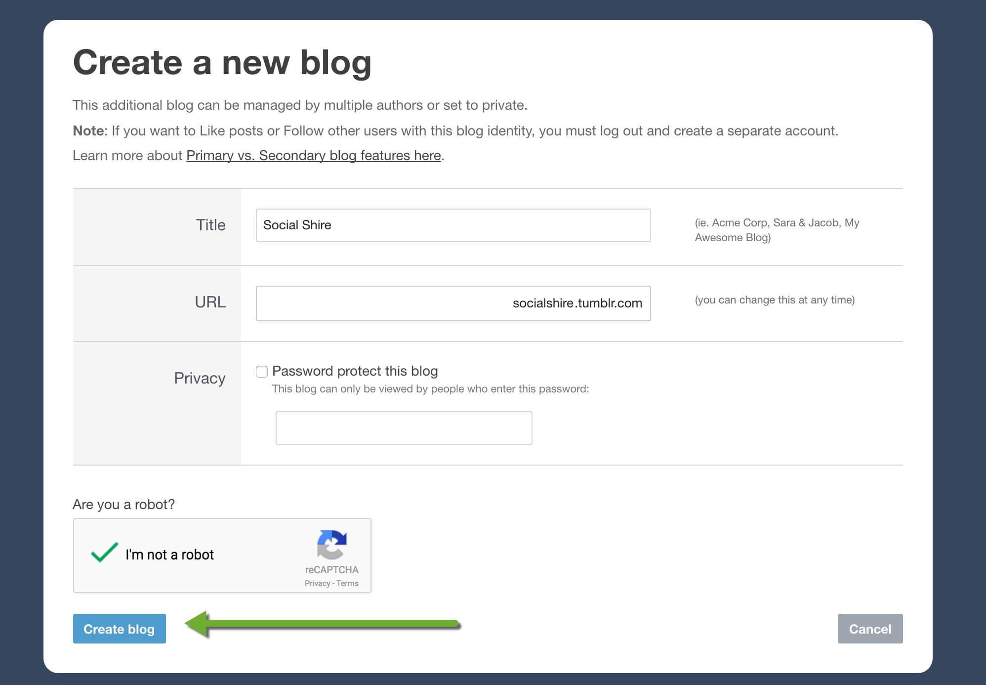 Create New Tumblr Blog Additional Secondary Blog