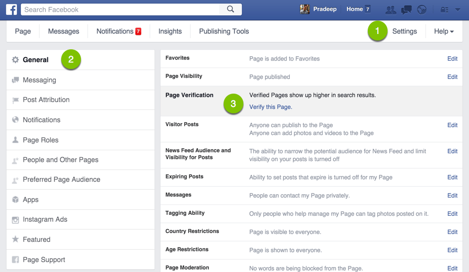 Facebook Admin Settings to get Verified