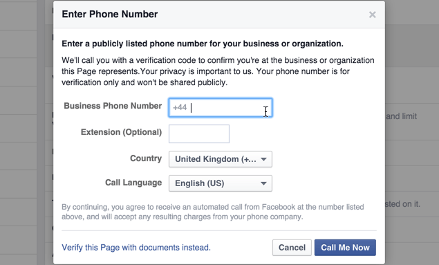 Phone number for Facebook Page Verification