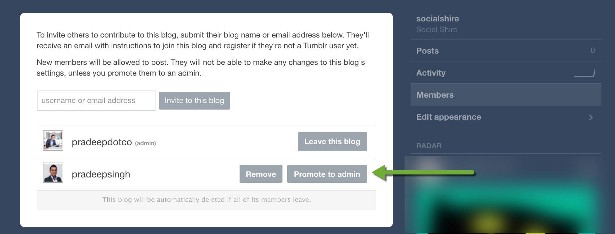 Promote New tumblr account to Admin