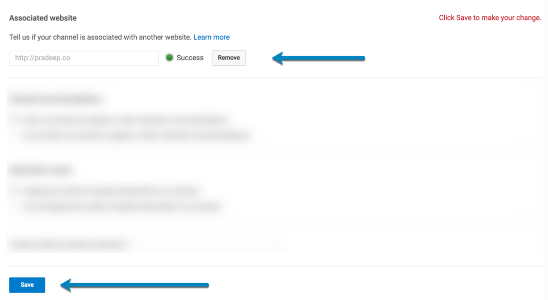 Save Associated Website with YouTube Channel Settings