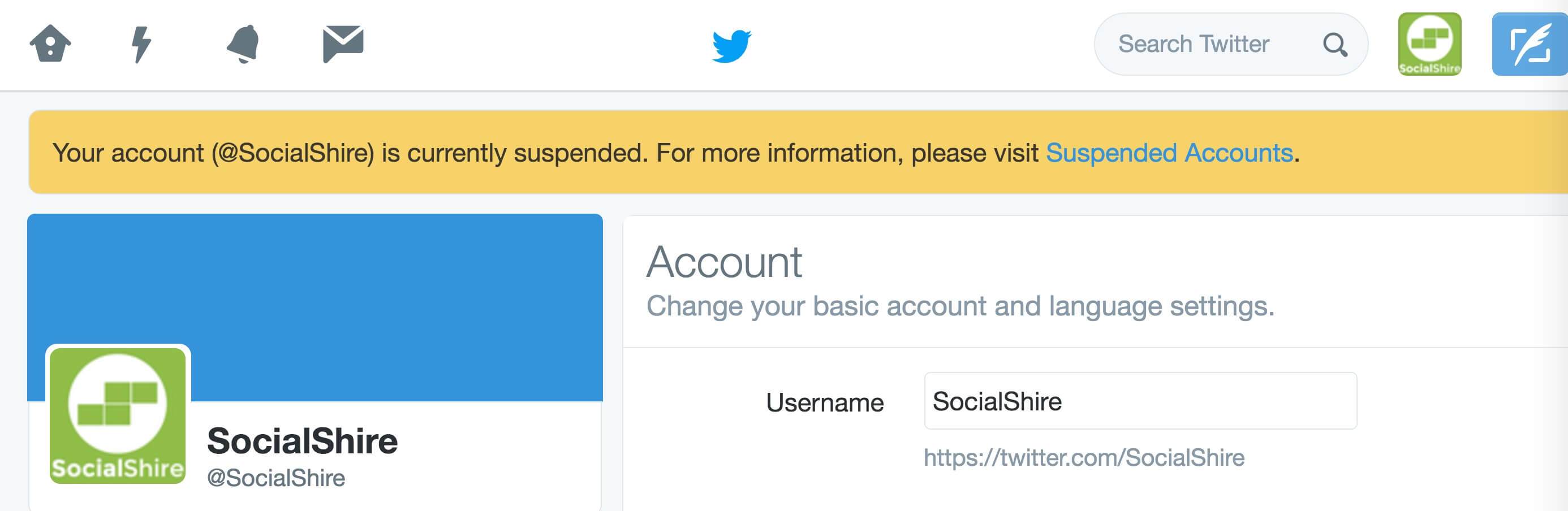 SocialShire Twitter Account Suspended