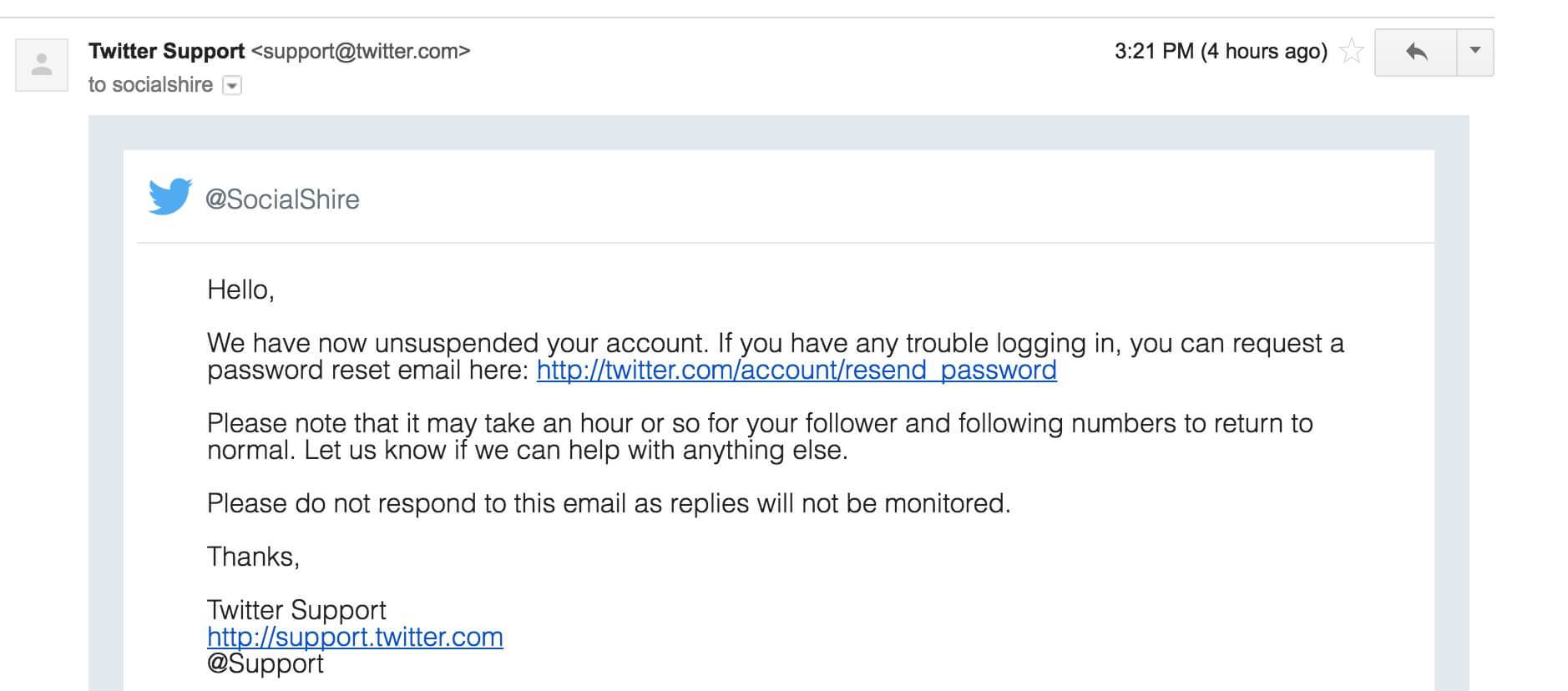 Twitter Support Reply Account Unsuspended