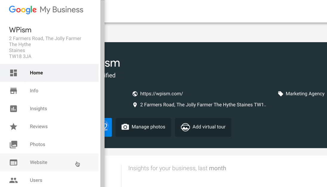 Website Menu on Right Menu of Google My Business account